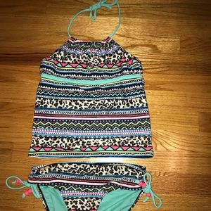 Justice Teal Printed Halter Tankini Swimsuit